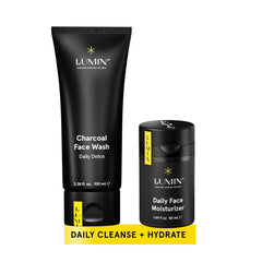 Lumin Dynamic Duo Charcoal Face Wash dispenser cleanses pores for a refreshed look.