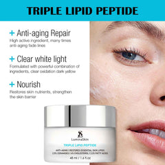 LuminaSkin Triple Lipid Peptide bottle label reveals essential ceramides and fatty acids for mature skin care.