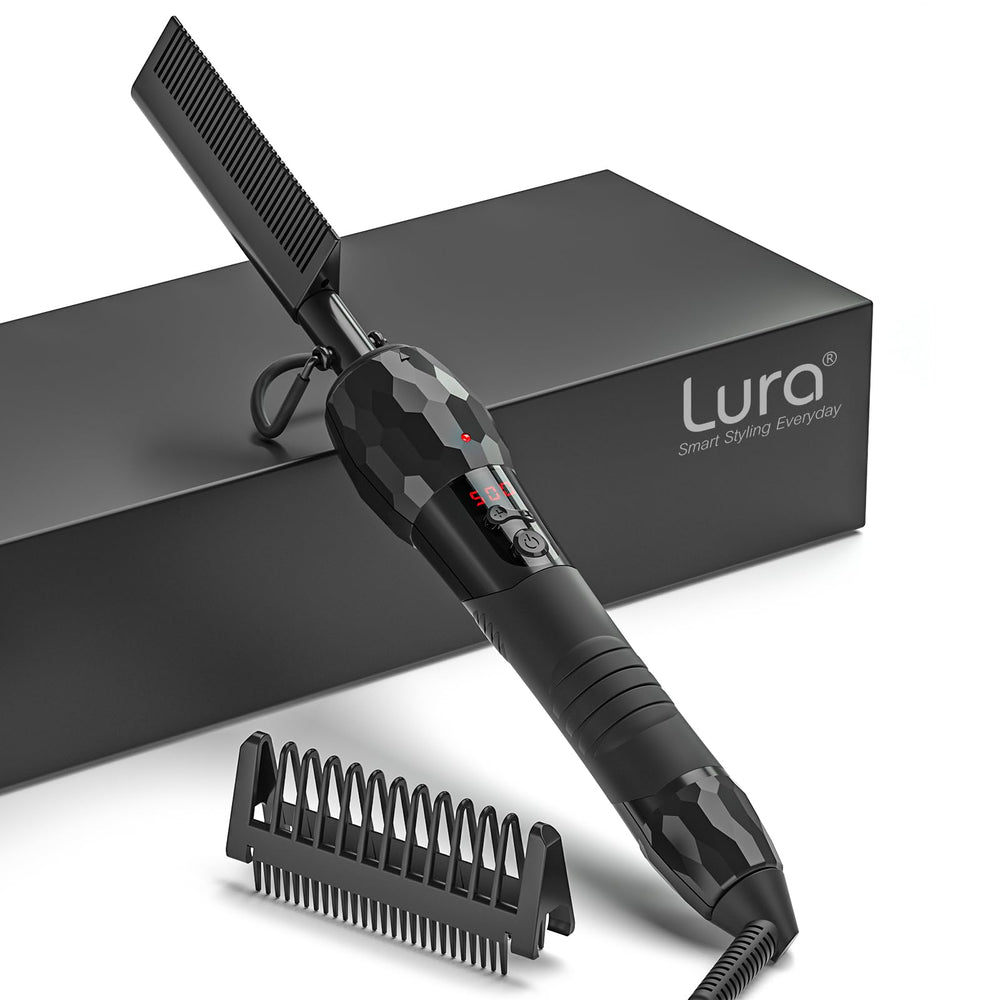 LURA hot comb with digital display shows precise heat control for safe styling.