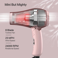 LURA foldable travel hair dryer mini pink dual-voltage 125-250V for global use