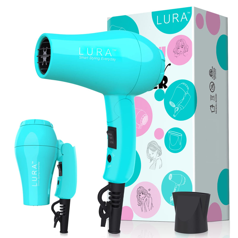 LURA portable travel hair dryer blue folding-handle for compact packing on trips.