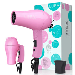 LURA portable travel hair dryer with folding handle for compact packing and easy travel.