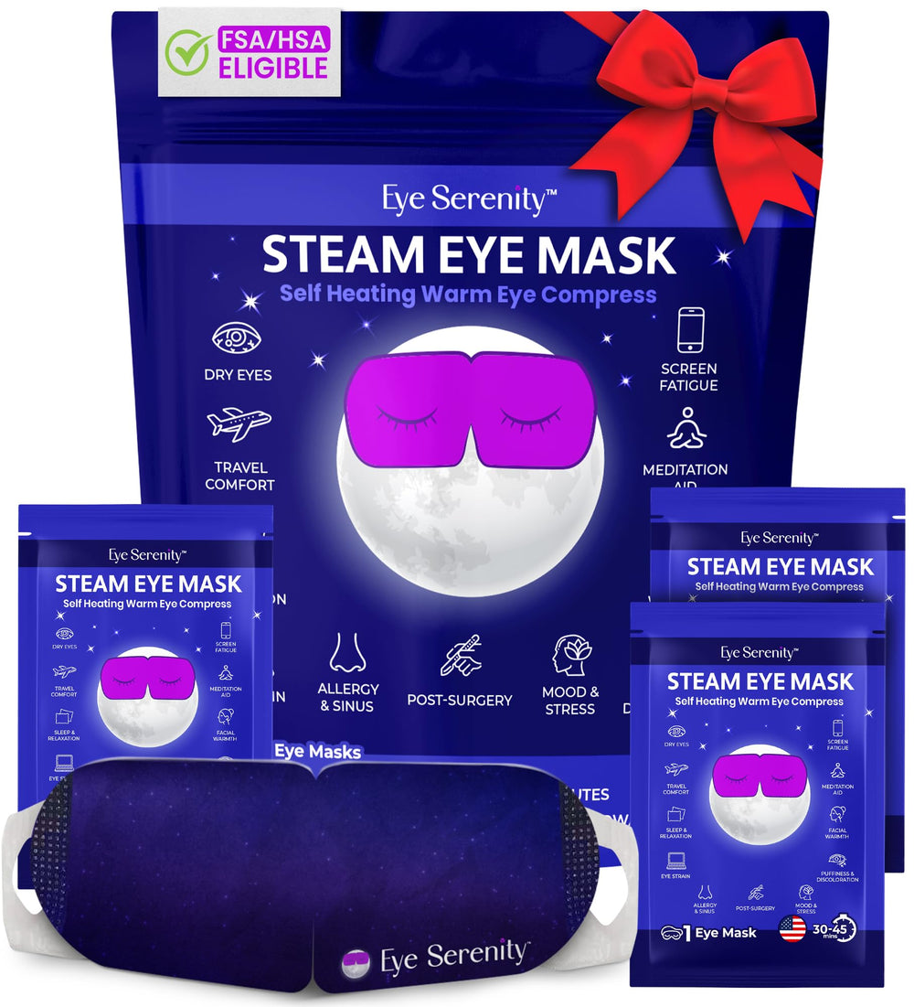 Lure Essentials self-heating steam eye mask packaging shows convenient 15-pack for on-the-go relief