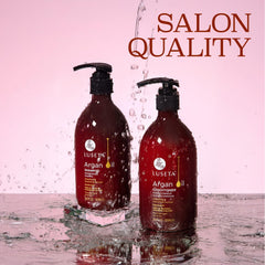 Luseta Argan Oil Conditioner bottle closeup highlighting detangling and frizz control.