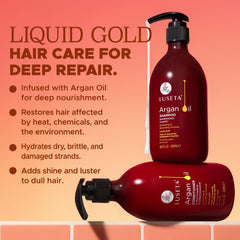 Luseta Argan Oil Shampoo pump dispenser scene suggesting easy daily cleansing.