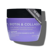 Luseta Biotin Collagen Hair Mask bottle promotes strengthening hair for dry, damaged strands.