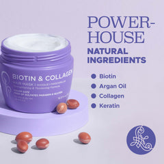 Luseta Biotin Collagen Hair Mask jar closeup reveals rich moisture for improved manageability.
