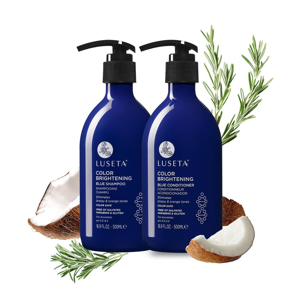 L LUSETA Blue Shampoo bottle targets brassy tones for cooler color.