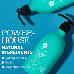 L Luseta collagen peptides shampoo label closeup highlights nourishing fortification.