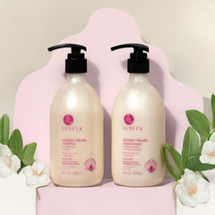 Luseta glossy pearl conditioner bottle delivers frizz control for sleek, manageable strands.