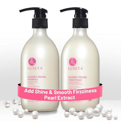 Luseta glossy pearl shampoo bottle shows luxurious shine and hydration for smooth hair.
