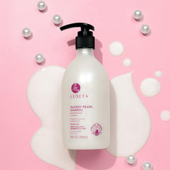 Luseta Glossy Pearl Shampoo pearl extract closeup signaling smoothing and keratin-supporting properties.