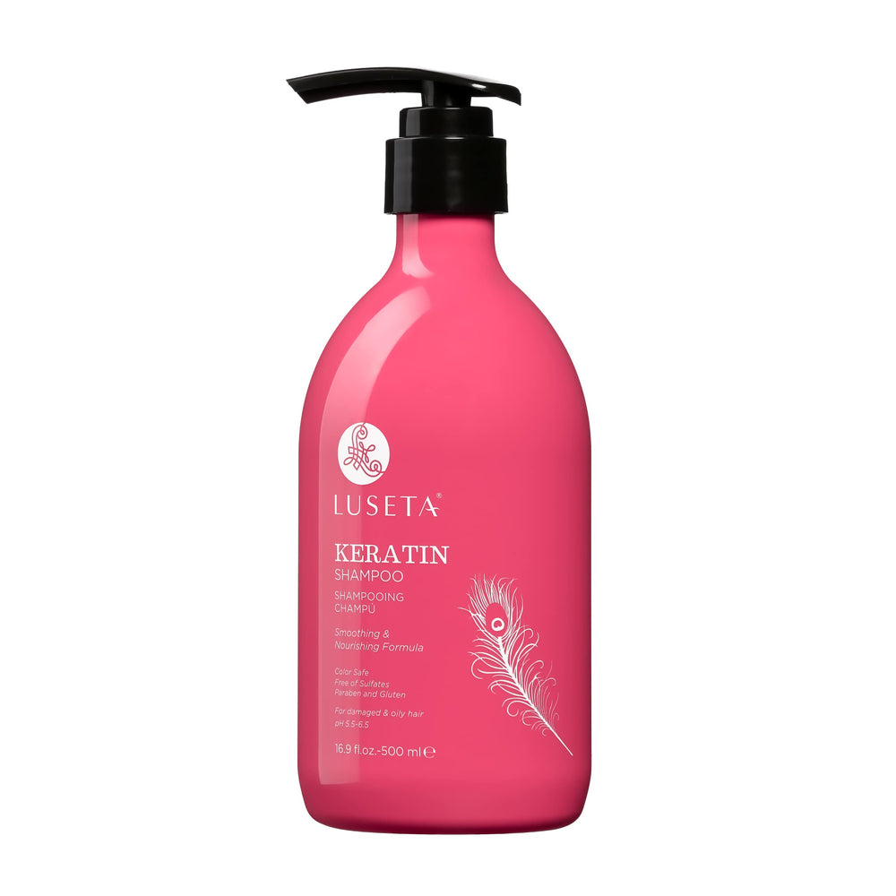 Luseta Keratin Shampoo bottle front highlighting smoothing for color-treated hair.