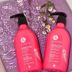 L LUSETA Keratin Shampoo lather closeup suggests gentle cleansing and frizz control.