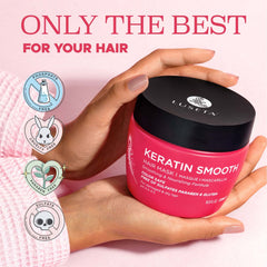 L Luseta Keratin Smooth Hair Mask damaged-hair close-up reveals frizz-control potential.