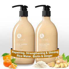 Luseta Rice Water Shampoo bottle promoting shine and smoothness.
