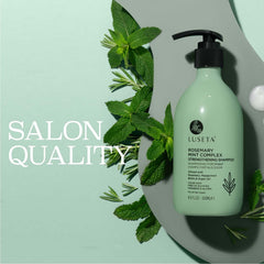 Luseta Rosemary Mint Strengthening Shampoo bottle pour for deep nourishment.