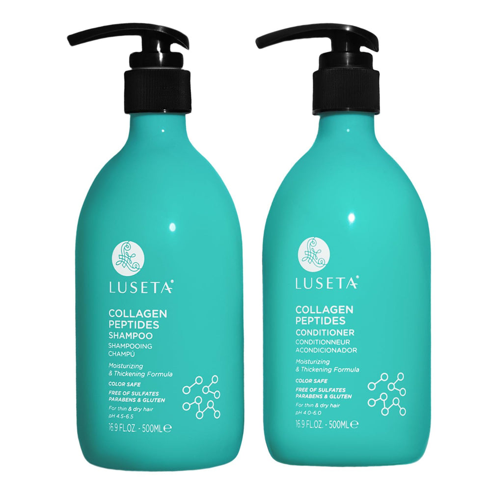 L Luseta Thickening Shampoo bottle closeup for fuller-looking hair.