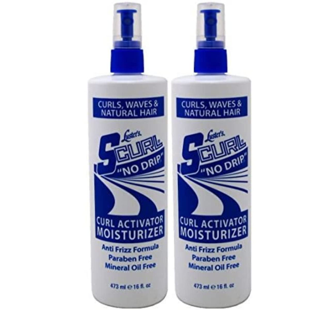 Luster's S-Curl Activator Moisturizer No-Drip 2-Pack bottles demonstrate easy application and curl hydration.