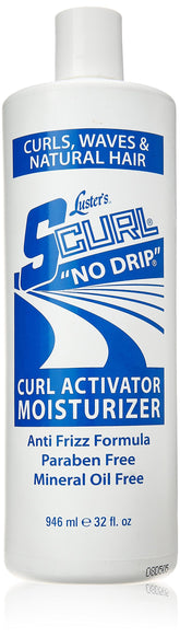 Luster's Scurl Right On Curl bottle pour shows smooth application and lasting hydration for curls.