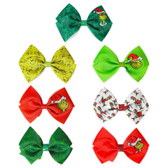 Grinch Christmas edition bows add festive flair for holiday outfits.
