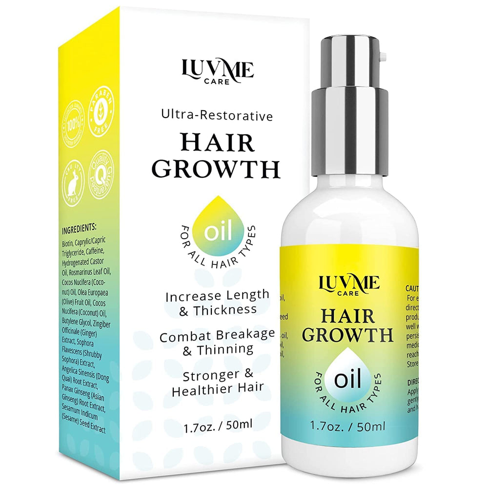 Luv Me Care Biotin Hair Growth Oil bottle showing vitamin-rich formula for healthier hair.