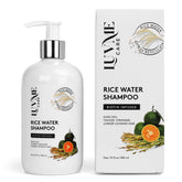 Luv Me Care Rice Water Shampoo bottle shown, delivering fuller-looking hair with hydrated strands.