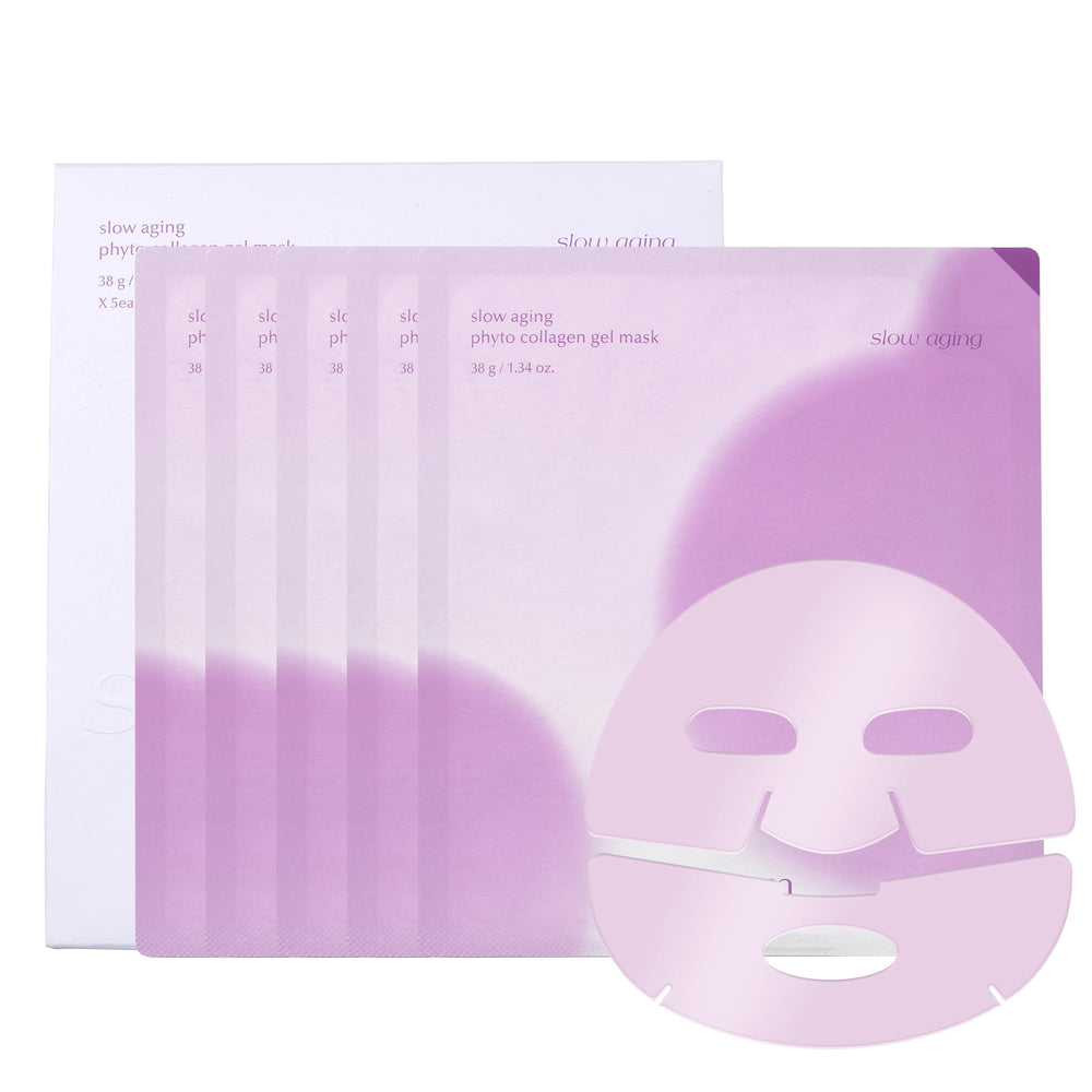 LUVUM Slow Aging mask pack front with five hydrogel masks for hydration