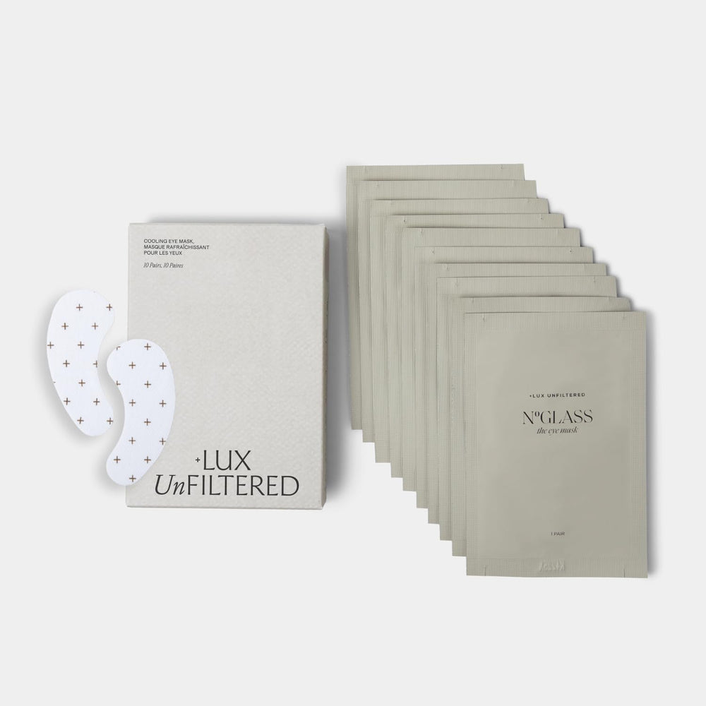 Lux Unfiltered cooling under-eye patches packaging shows fragrance-free vegan formula for sensitive skin