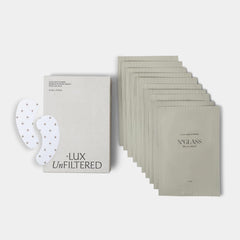 Lux Unfiltered cooling under-eye patches packaging shows fragrance-free vegan formula for sensitive skin