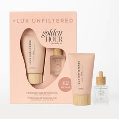 Lux Unfiltered mini golden hour set box showcases travel-friendly tanning essentials for on-the-go glow.