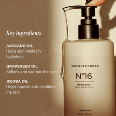 Lux Unfiltered N°16 Opulent Shower Oil milky lather forms on wet skin for cleansing.
