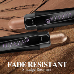 LUXAZA PRO neutral brown eyeshadow stick detail emphasizes built-in blending brush for smudge-proof finish.