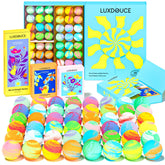 LUXDOUCE 48-pack bath bombs in a gift box offer colorful tub display for spa-like evenings.