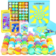 LUXDOUCE 48-pack bath bombs in a gift box offer colorful tub display for spa-like evenings.