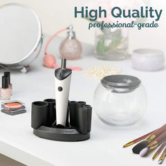 Luxe brush cleaner spinner set demonstrates fast, hygienic cleaning for daily makeup tools