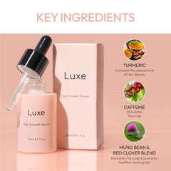 Luxe Cosmetics Hair Growth Serum ingredient-panel emphasizes Panax Ginseng and Rosemary for scalp nourishment.