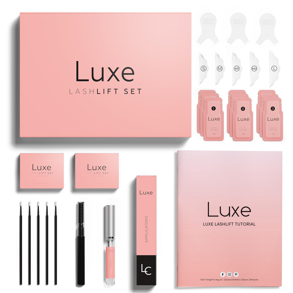 Luxe Cosmetics Lash Lift Kit packaging shows complete at home set for salon-grade results