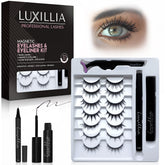 Luxillia magnetic eyelashes kit close-up shows easy glue-free application.