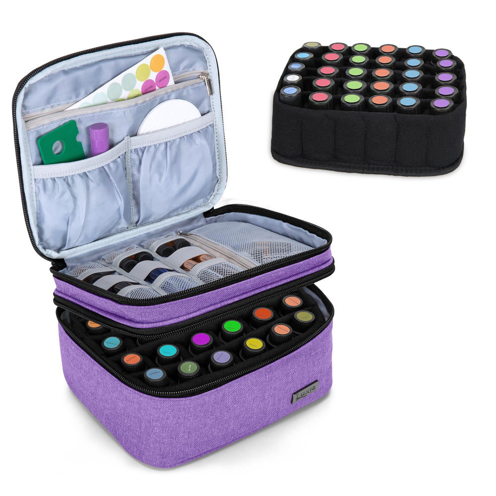 LUXJA Essential Oil Carrying Case main compartment holds up to 30 bottles for organized travel.