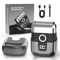 LYRSLF electric foil shaver front view shows a compact travel-ready design