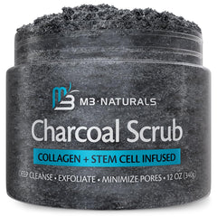M3 Naturals charcoal scrub packaging showing premium detoxifying pores.