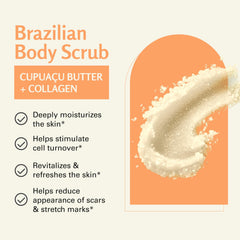 M3 Naturals Firming Brazilian Body Scrub jar back explains ingredients for nourished, smoother skin.