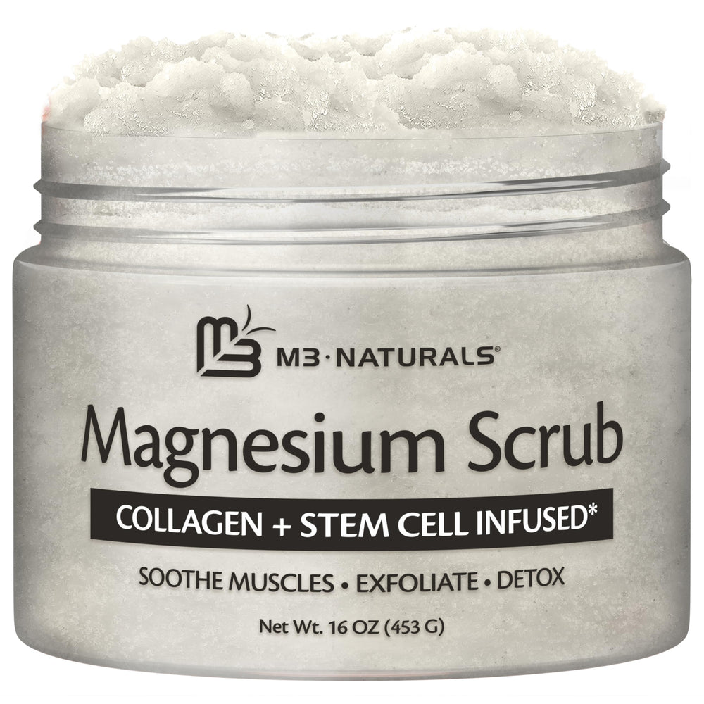 M3 Naturals Magnesium Body Scrub jar shows exfoliating texture for smoother skin.