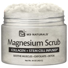 M3 Naturals Magnesium Body Scrub jar shows exfoliating texture for smoother skin.