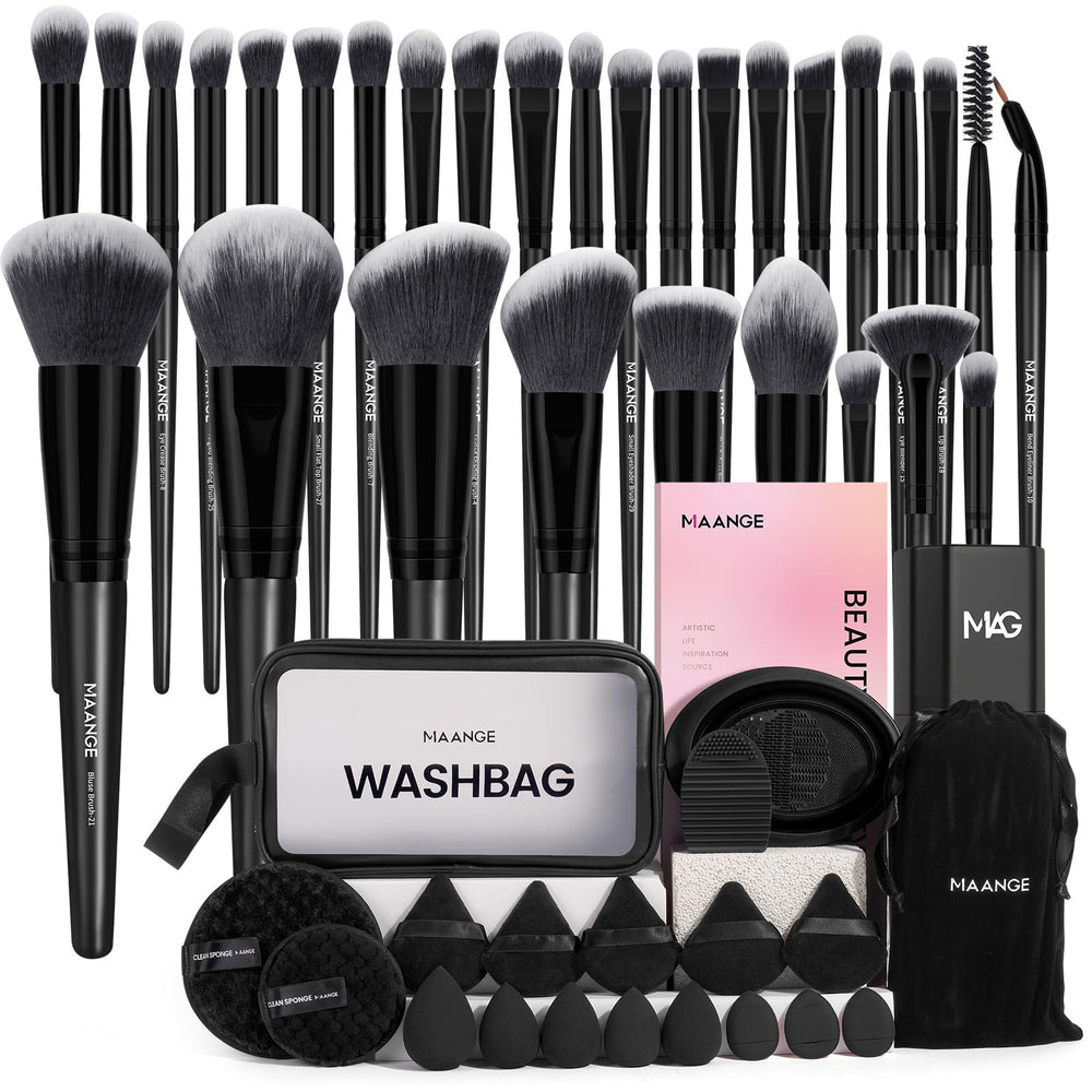 MAANGE makeup brush set 51pcs in an open case showing organized tools for an easy routine.