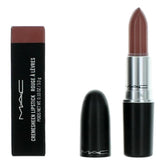 MAC Cremesheen Modesty lipstick outer cap close-up, showcasing creamy semi-gloss finish for everyday wear.