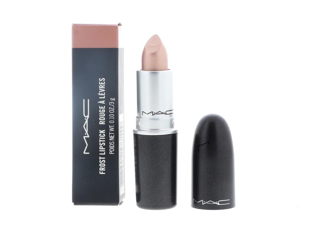 MAC Frost Lipstick GEL packaging closeup shows sleek tube in beige shimmer for on-the-go glam.