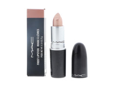 MAC Frost Lipstick GEL packaging closeup shows sleek tube in beige shimmer for on-the-go glam.