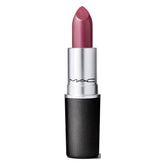MAC Frost Lipstick Plum Dandy cap close-up highlighting pearlescent finish for radiant lips.